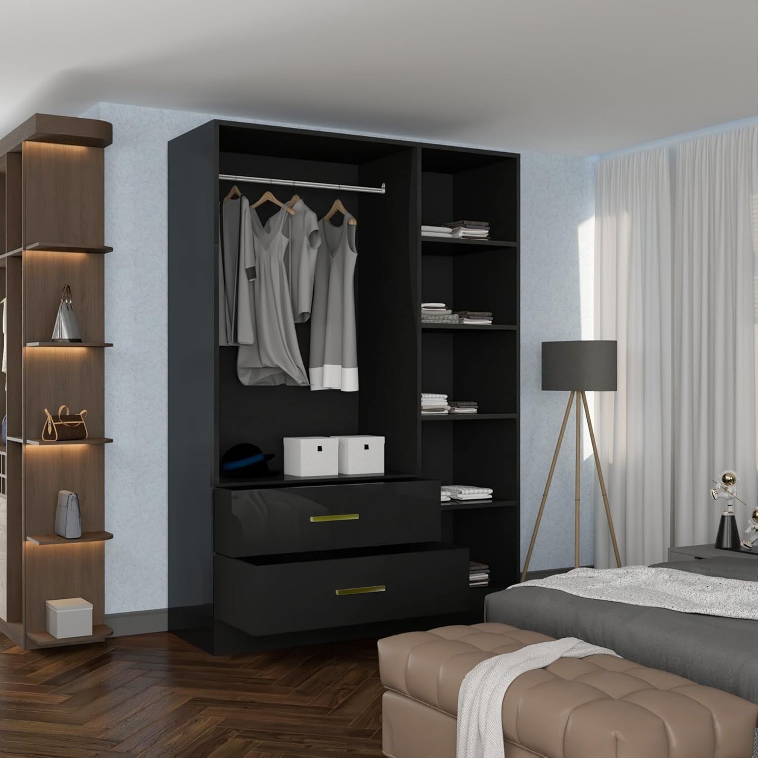 116cm Black High Gloss Wardrobe with Mirror, Drawers & Hanging Rail