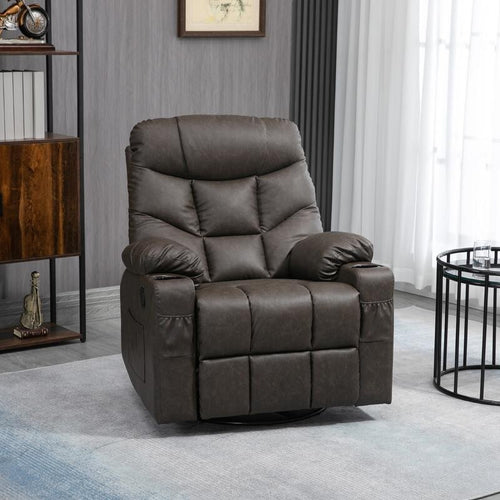 PU Leather Recliner Armchair Swivel Chair w/ Footrest, Cup Holders, Brown