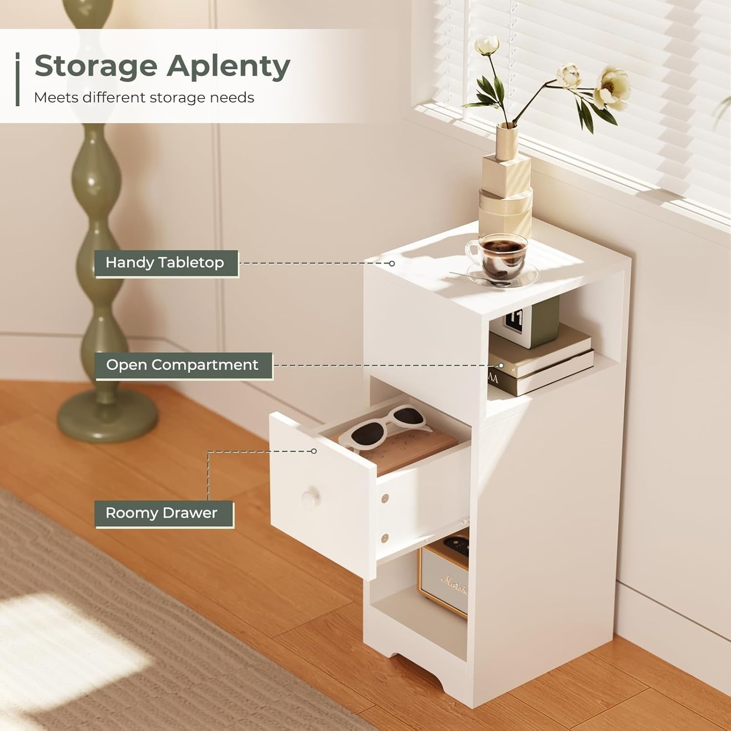 Set of 2 Slim White Bedside Tables with Drawer & Shelves | Modern