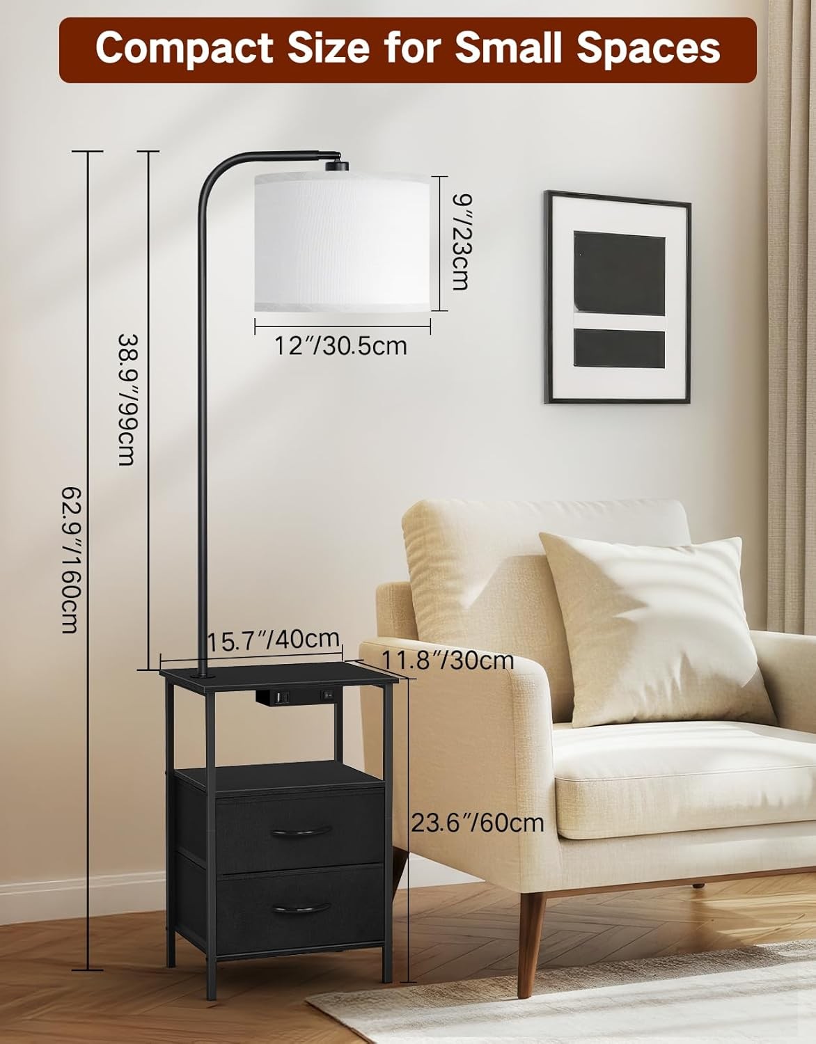 Floor Lamp with Table & Drawers, Dimmable LED, Remote, USB Charging
