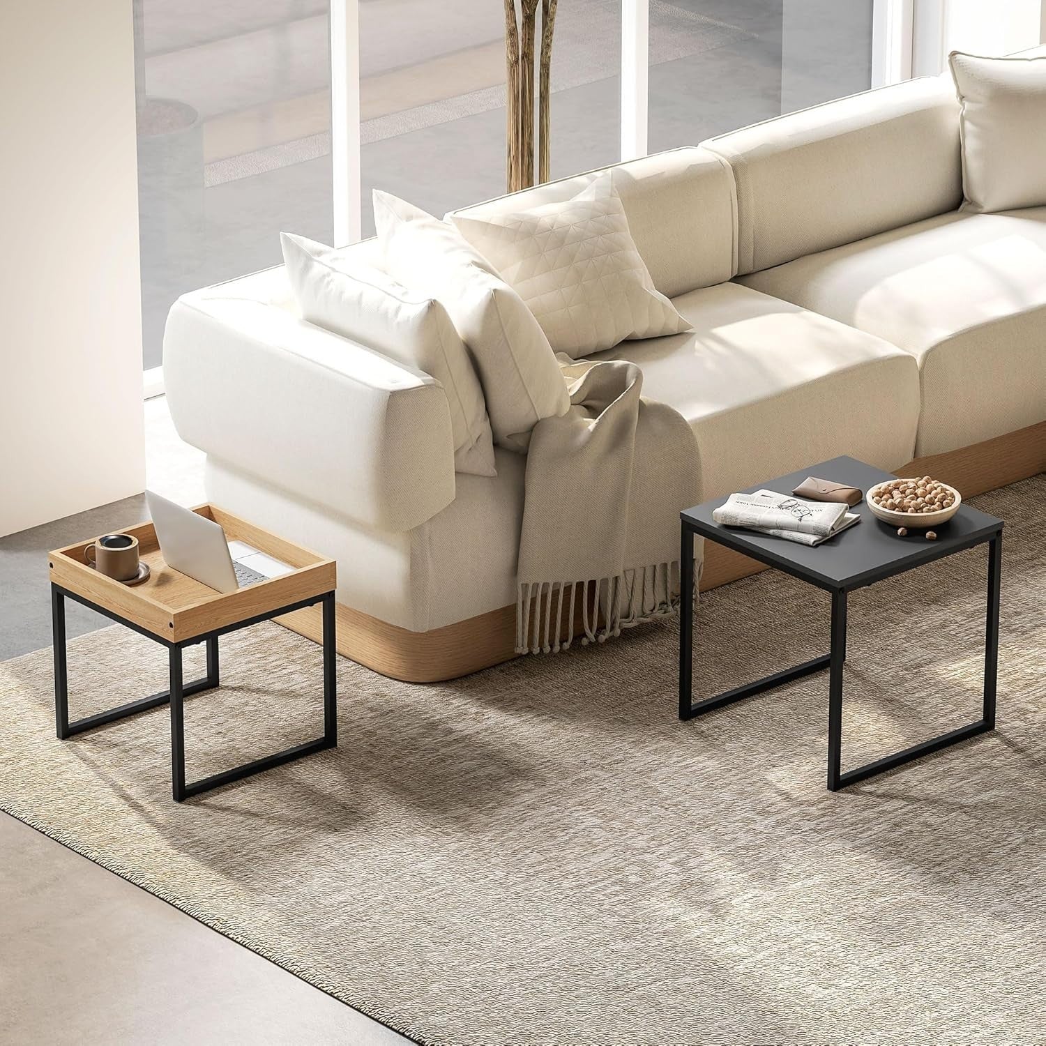 Square Nesting Coffee Side Tables Set, Black & Wood Effect, Steel Frame 30kg Max