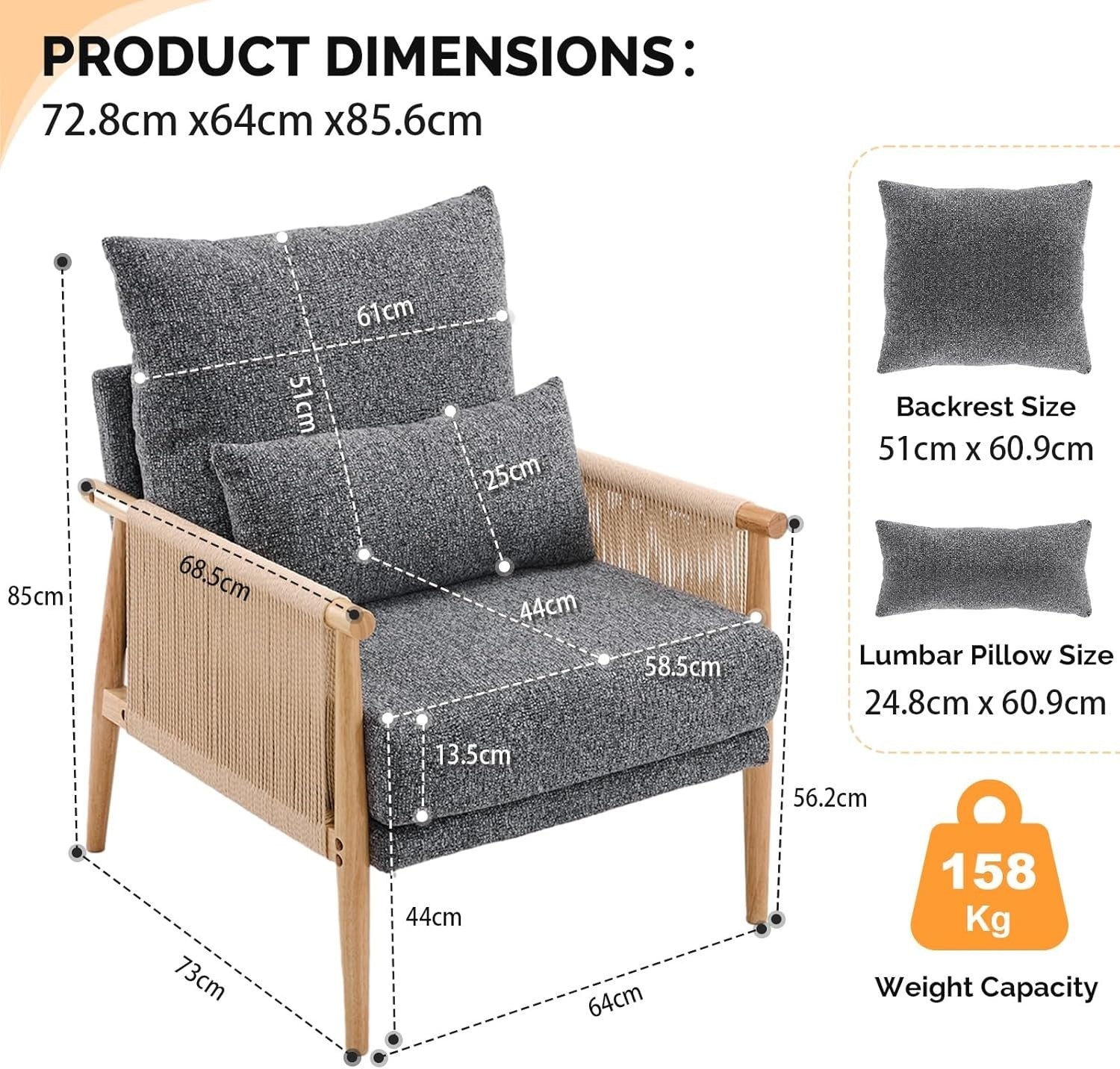 Modern Rattan Accent Armchair With Cushion Wooden Arms Indoor Lounge Chair