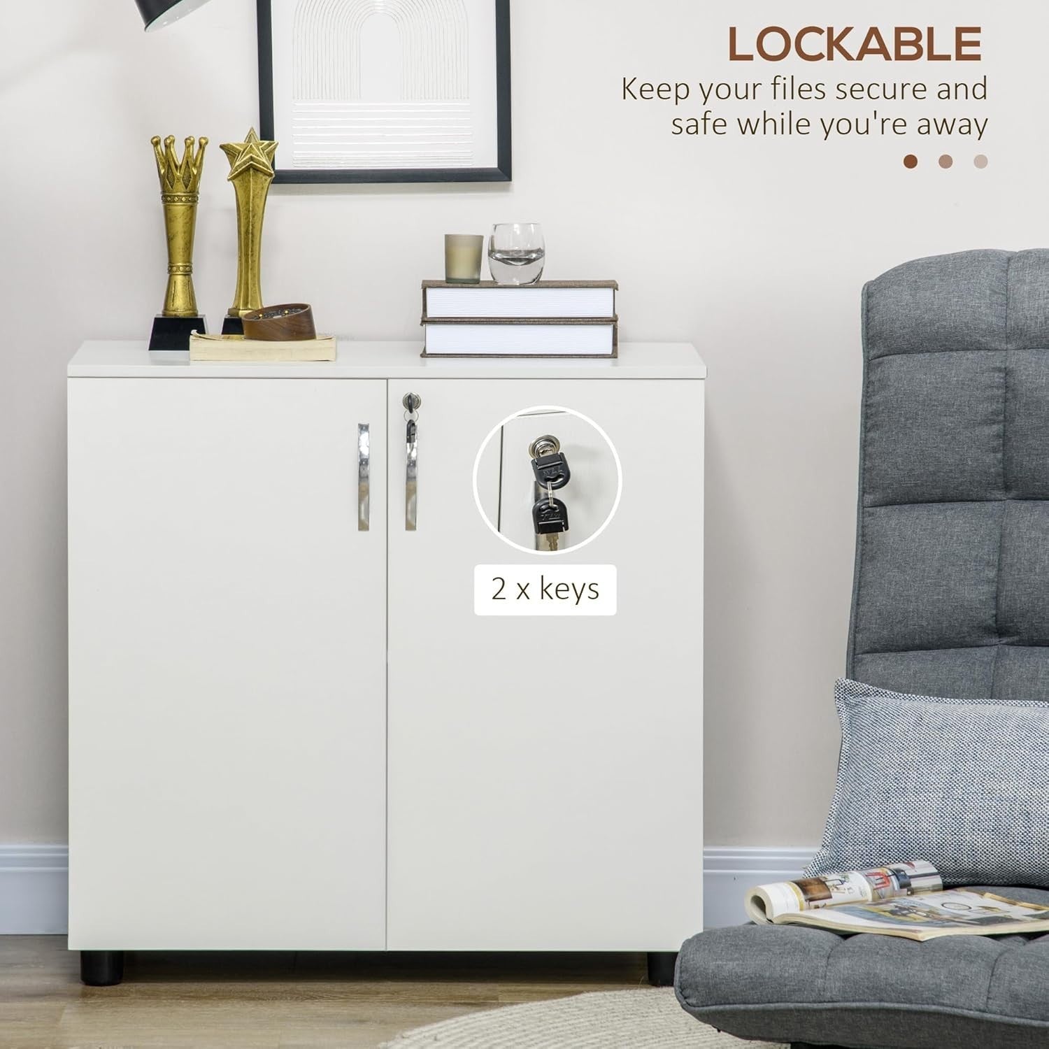 Lockable Filing Cabinet 2-Door Storage Cupboard, 80cm White Office Unit
