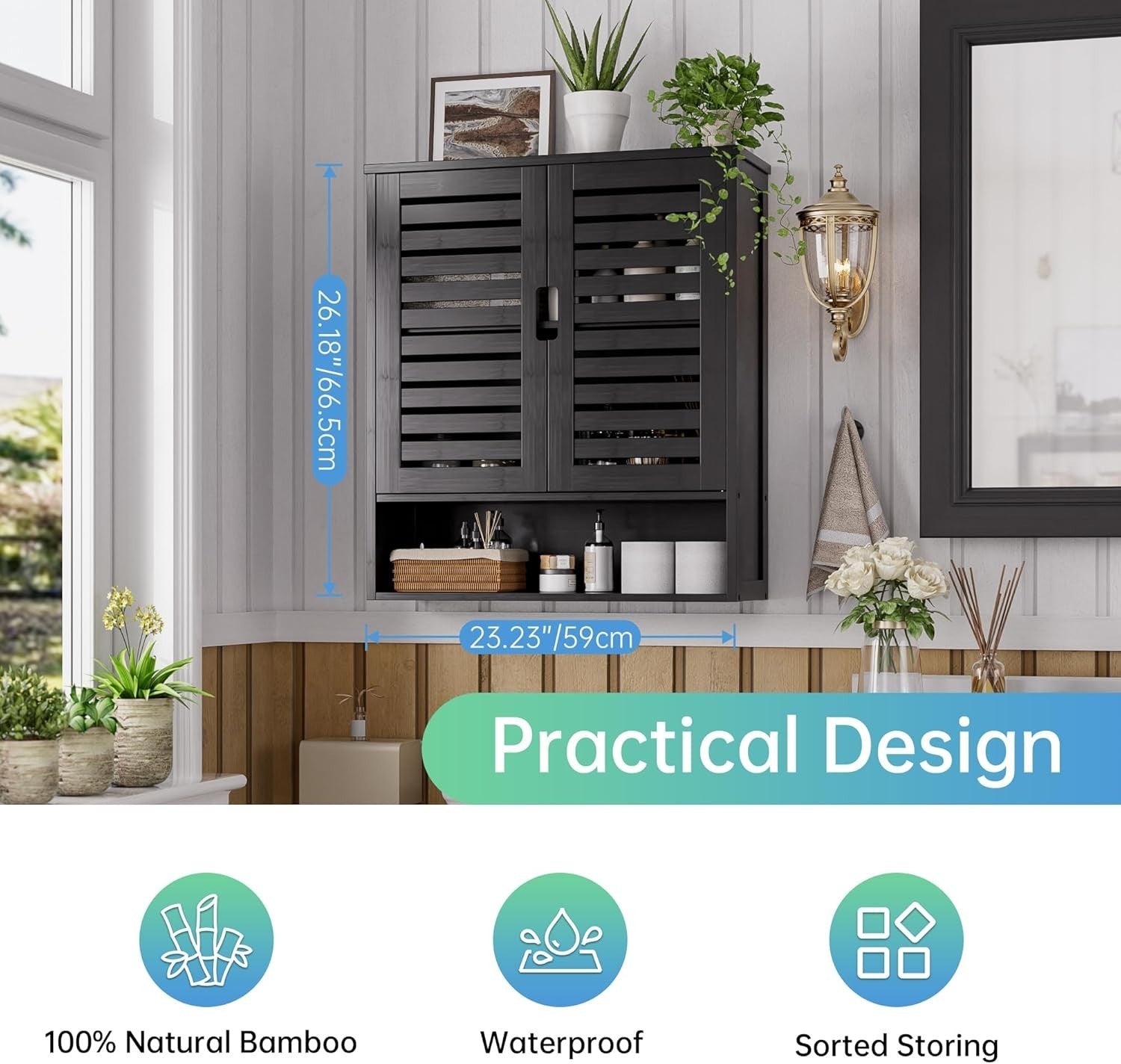 Black Bathroom Wall Cabinet – Over Toilet Storage, 2 Doors, Adjustable Shelves