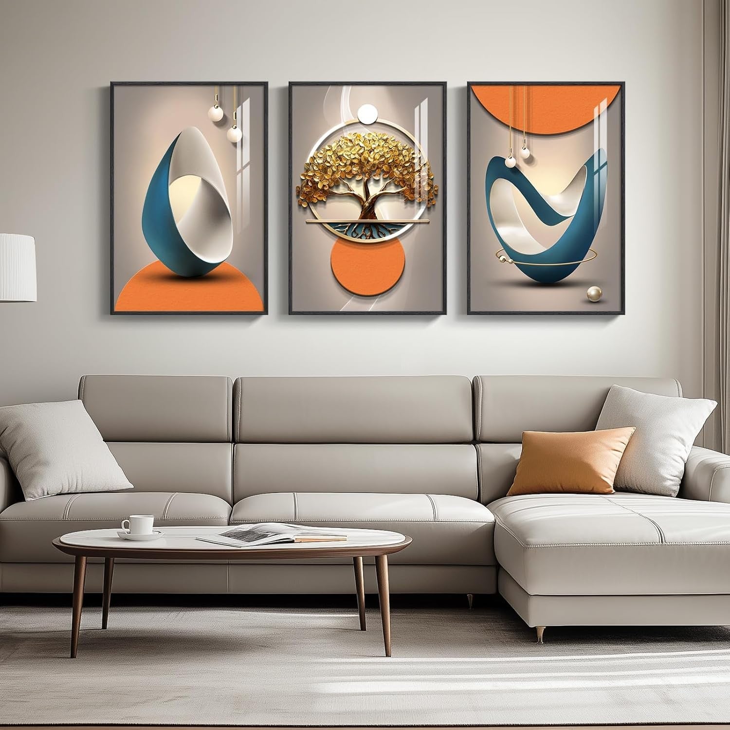 Large Framed Abstract Wall Art 3 Panel 24x36in Modern Orange Grey
