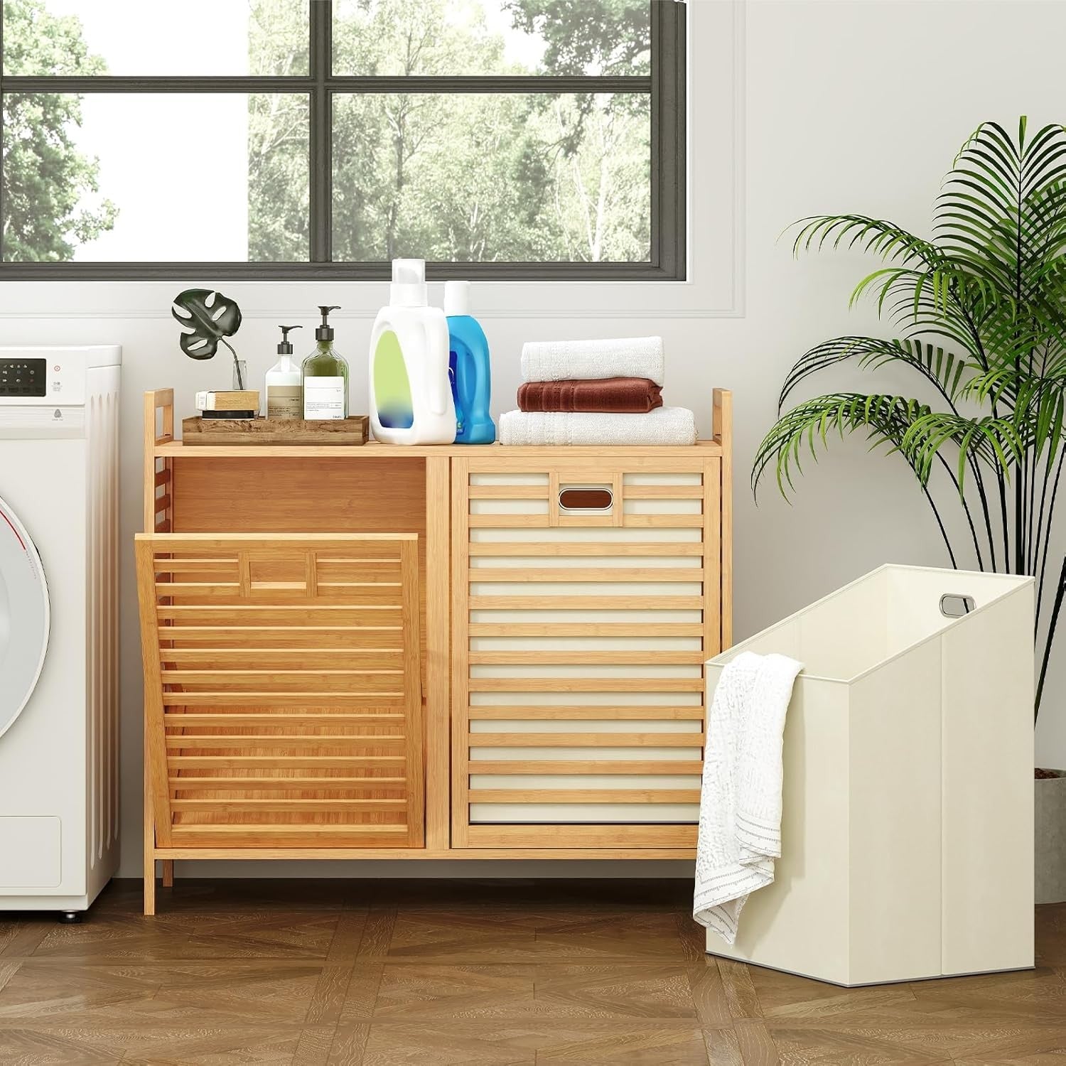 Bamboo 2 Compartment Tilt Out Laundry Hamper Cabinet with Shelves 80x30x72cm