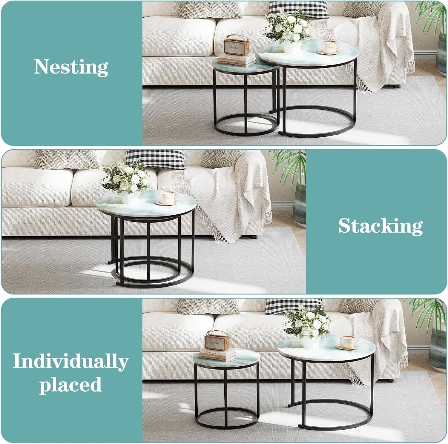 2-Piece Nesting Coffee Table Set, Blue Round Metal & MDF Living Room End Side Ta