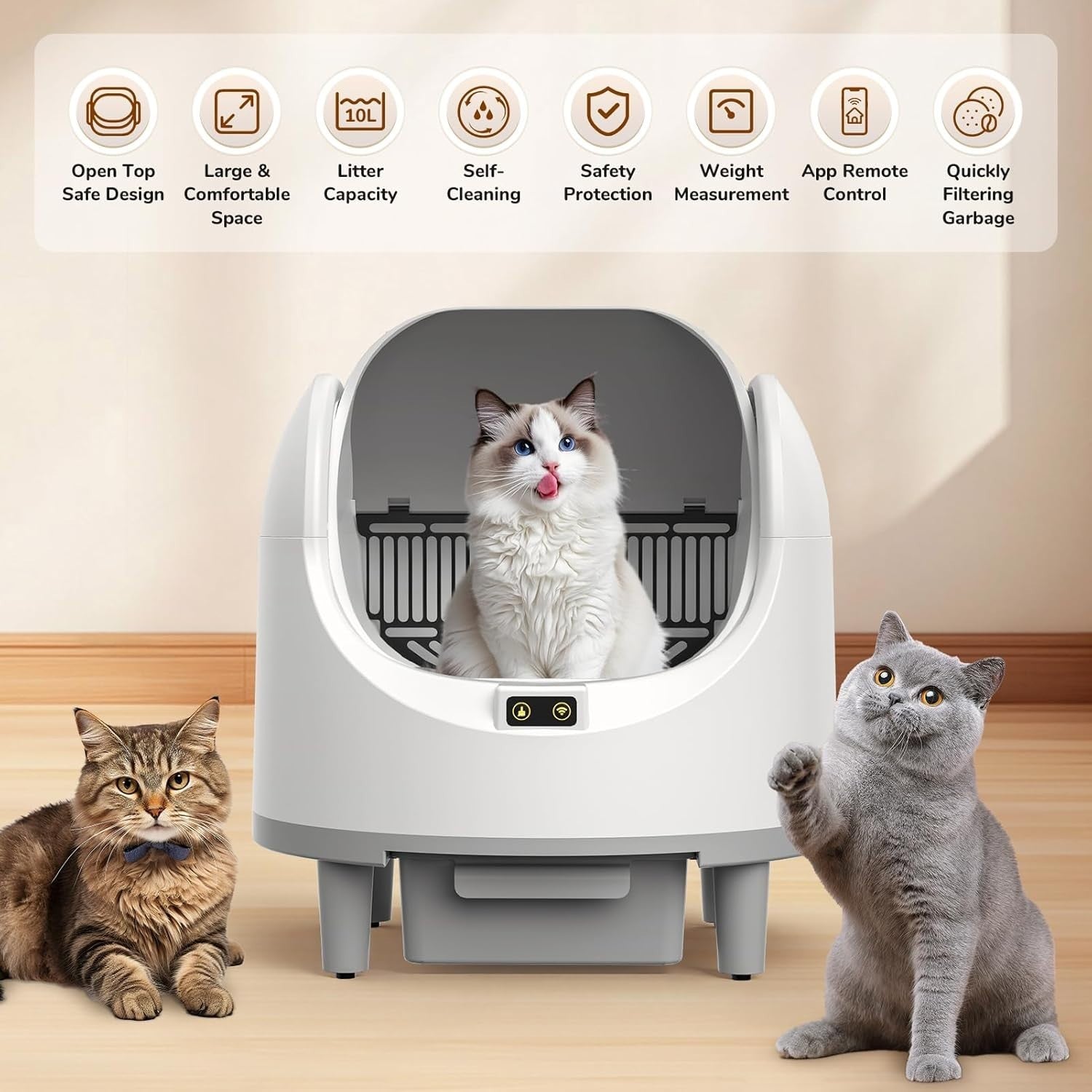XXL Self Cleaning Cat Litter Box APP Control Quiet Open Top 10L Bin