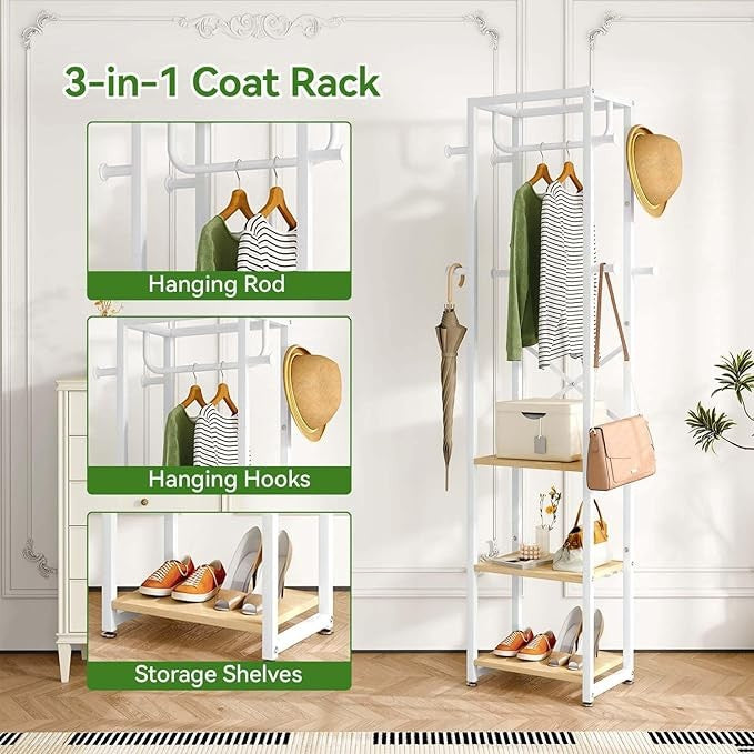 Freestanding Coat Rack with Shelves & Hooks Entryway Storage Stand 180cm