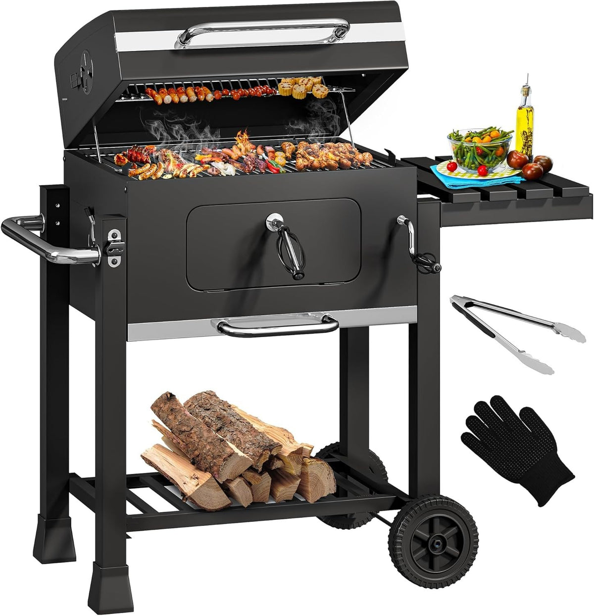 XL Charcoal BBQ Grill with Adjustable Cooking Height & Temp Gauge