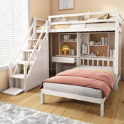 Kids Pine Wood Bunk Bed with Storage Ladder, Desk & Shelves 204x175cm