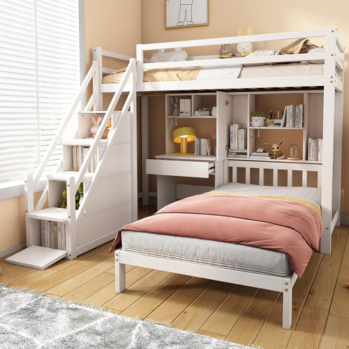Kids Pine Wood Bunk Bed with Storage Ladder, Desk & Shelves 204x175cm