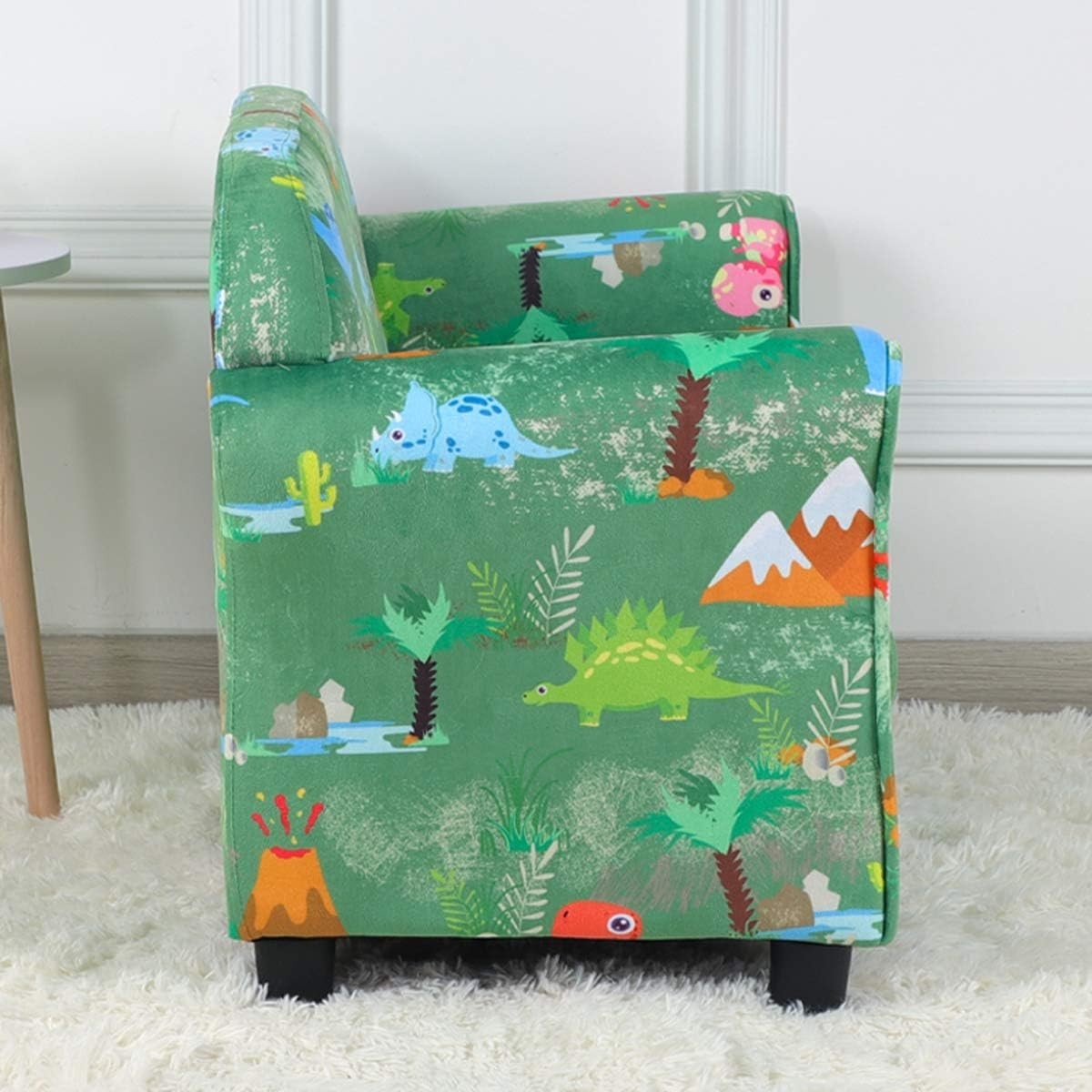 Kids 2 Seater Sofa Chair Dinosaur Pattern Upholstered Velvet Couch Green