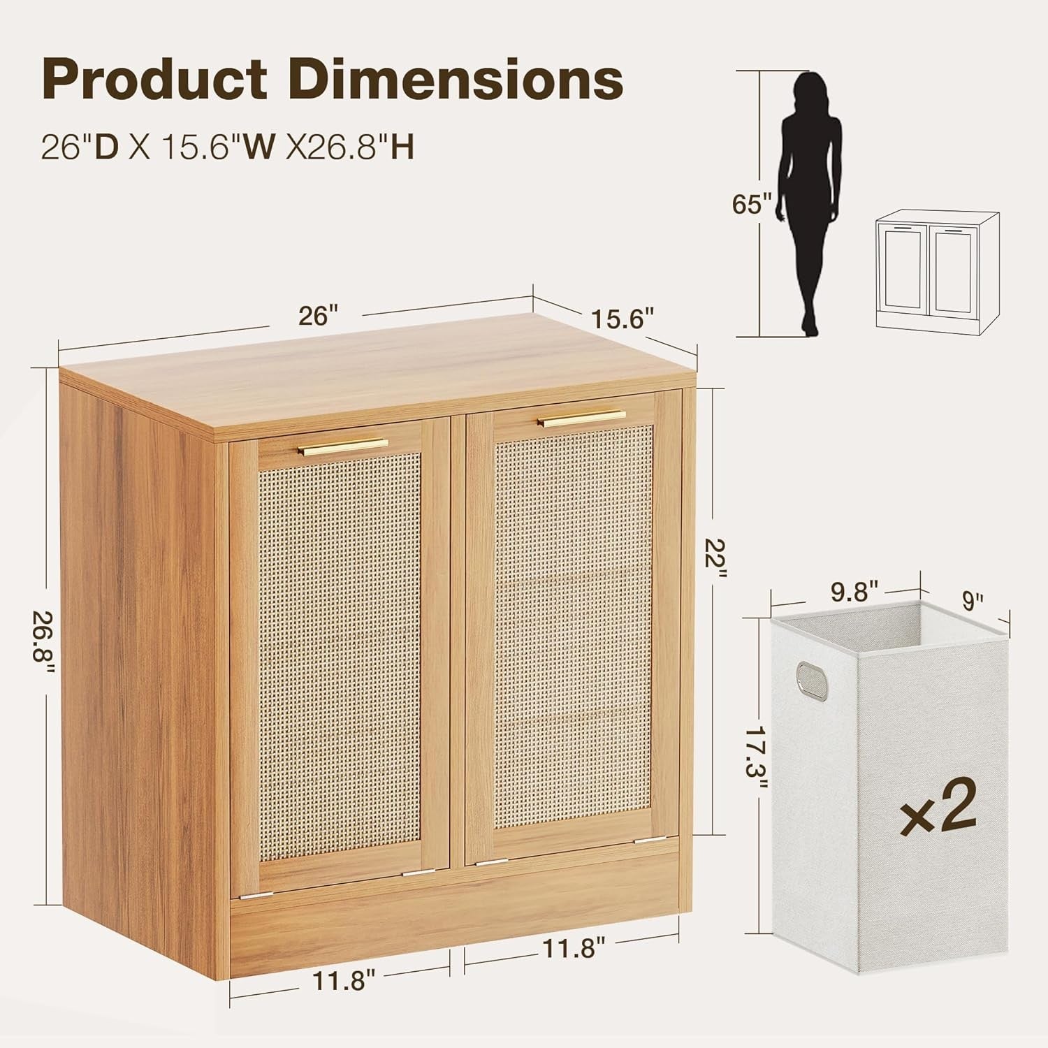 Double Rattan Laundry Cabinet 2 Baskets Wooden Tilt-Out Hamper Bathroom Storage