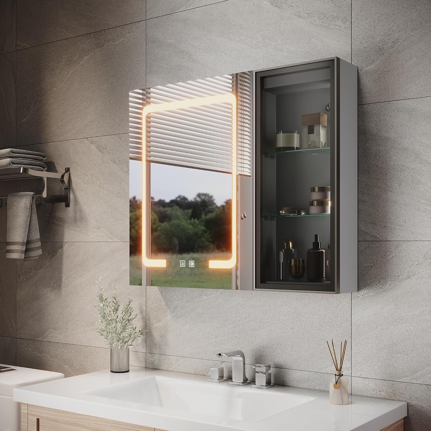 LED Bathroom Mirror Cabinet Wall Mounted with Open Storage & Anti-Fog