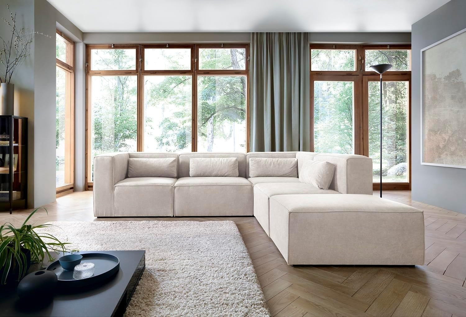 White Cord Chenille L-Shape Large Corner Sofa 5 Seater Modular Doris