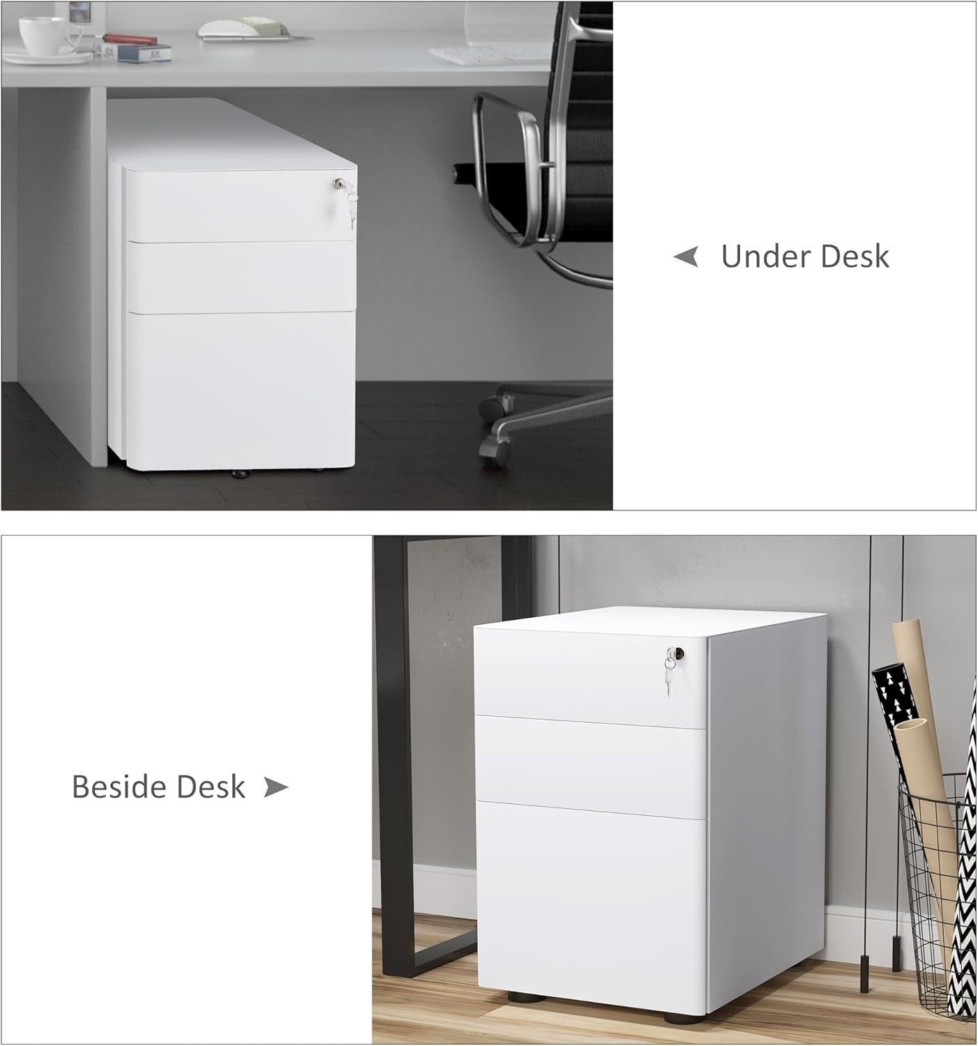 White 3 Drawer Mobile Filing Cabinet Lockable Steel A4 Letter Office Storage