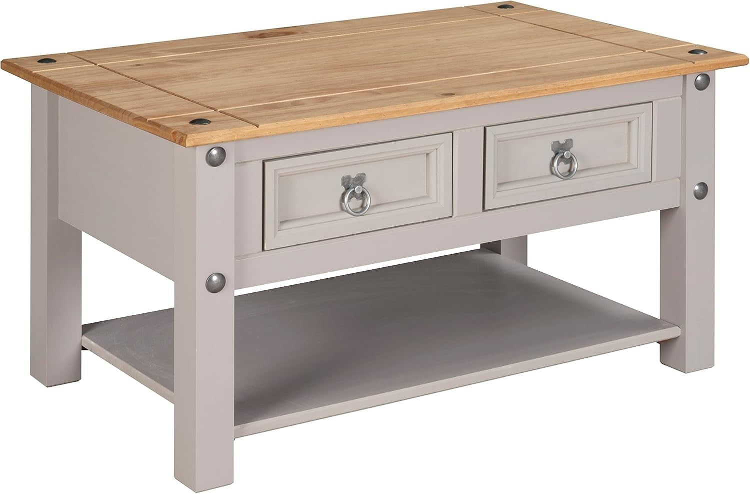 Grey 2-Drawer Coffee Table, Solid Pine Mexican Style 85x50cm