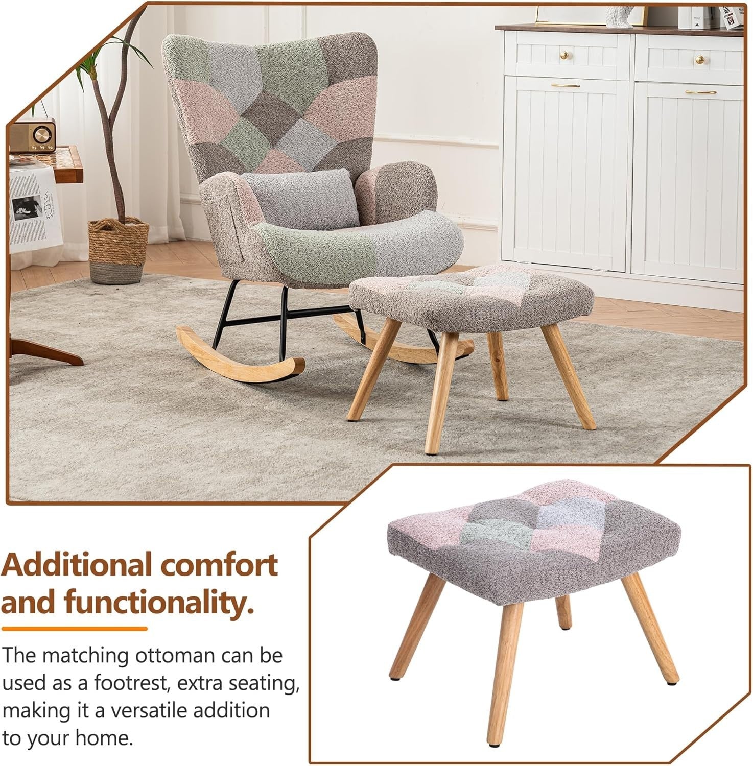 Patchwork Rocking Chair with Ottoman | Ergonomic Comfort & Solid Wood Legs