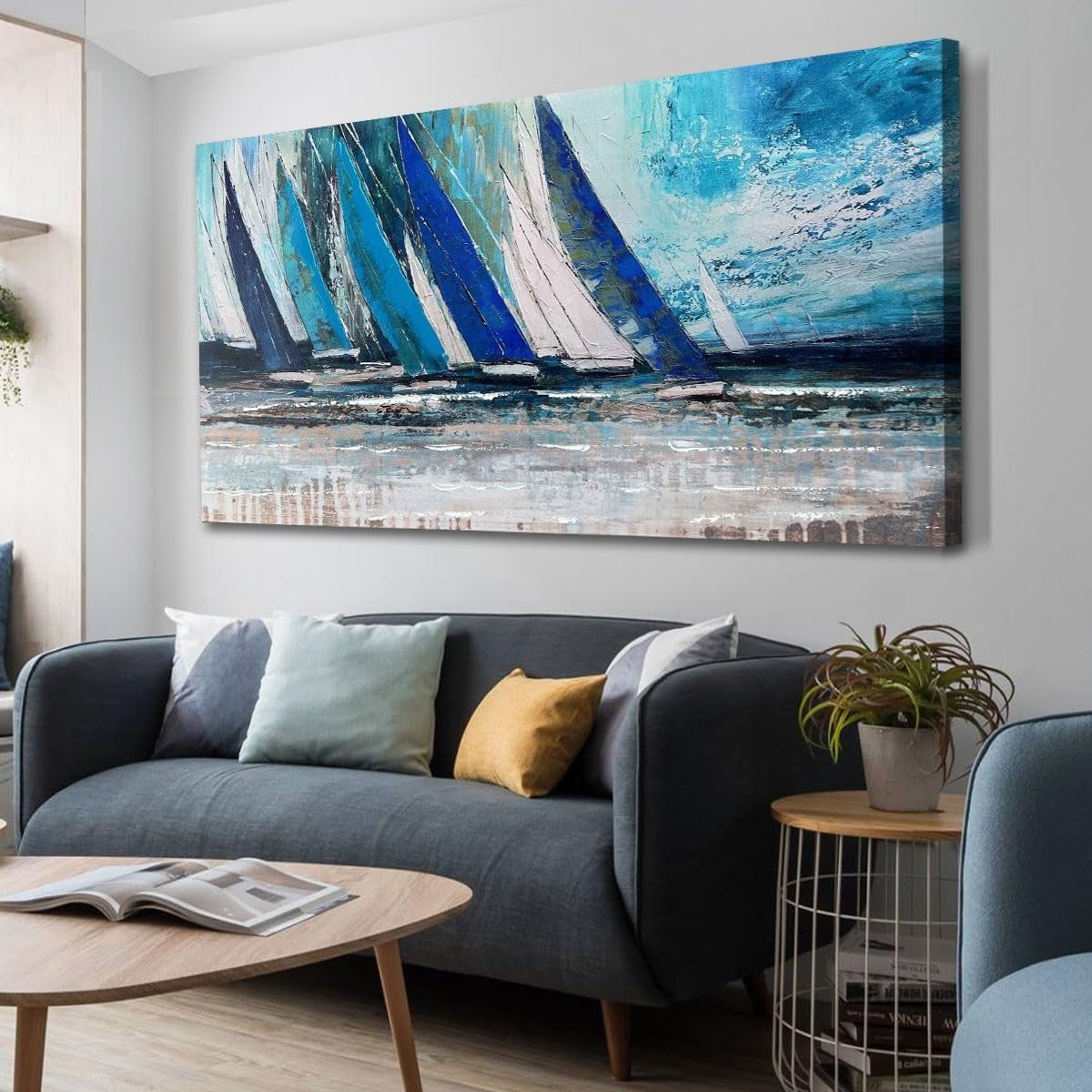 40×20″ Teal Ocean Sailboat Canvas Wall Art – Modern Nautical Decor