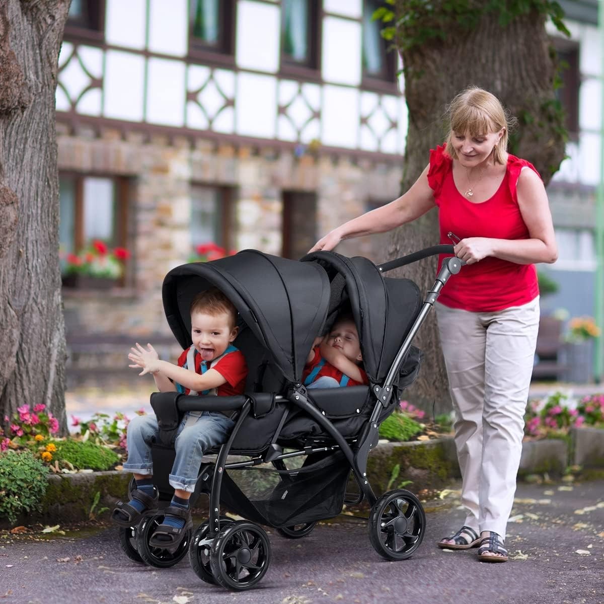 Twin Tandem Baby Stroller Black Foldable Double Seat 5-Point Harness Sunshade