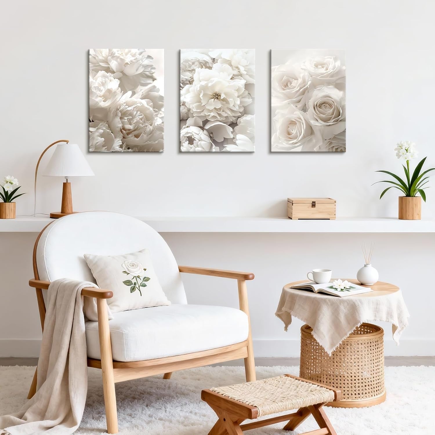 White Floral Canvas Wall Art Set 3 Rose Peony 30x40cmx3