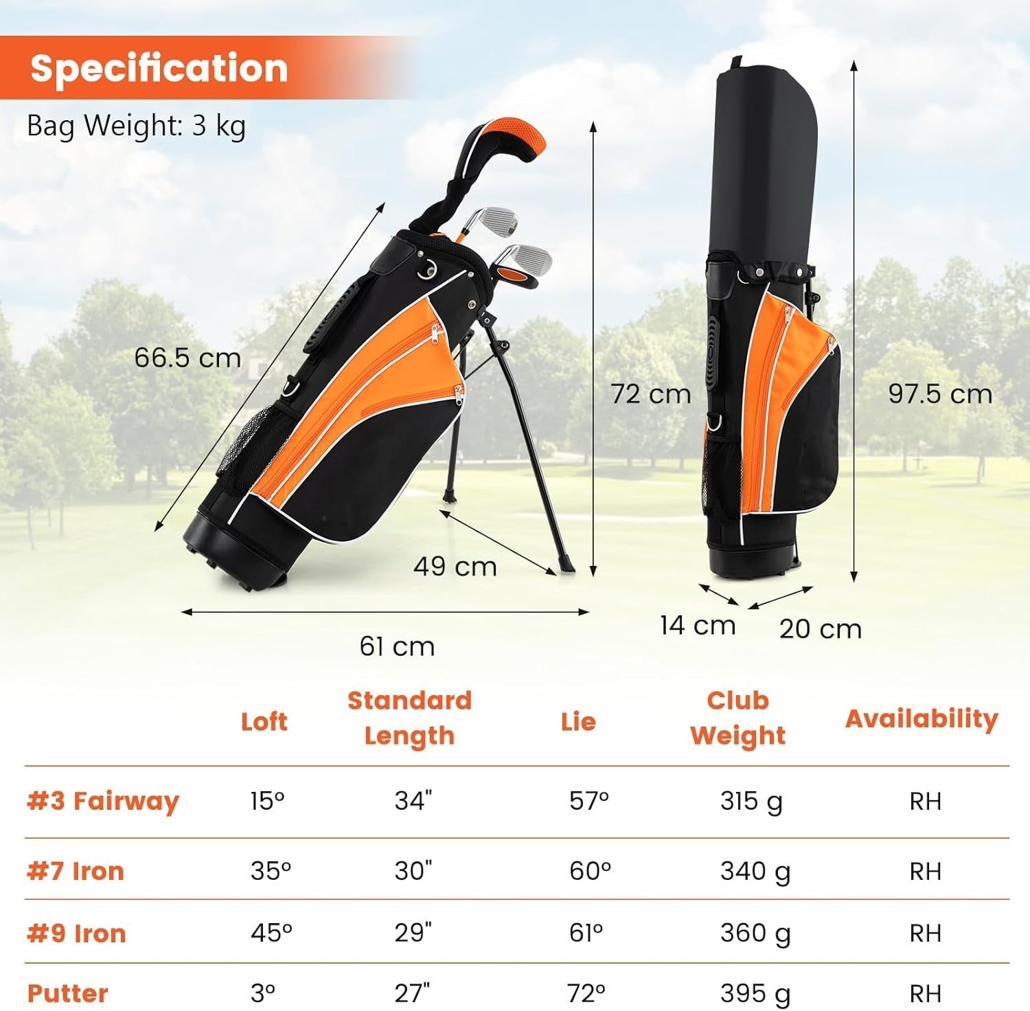 Junior Golf Club Set Right Hand Fairway Irons Putter Stand Bag Kids