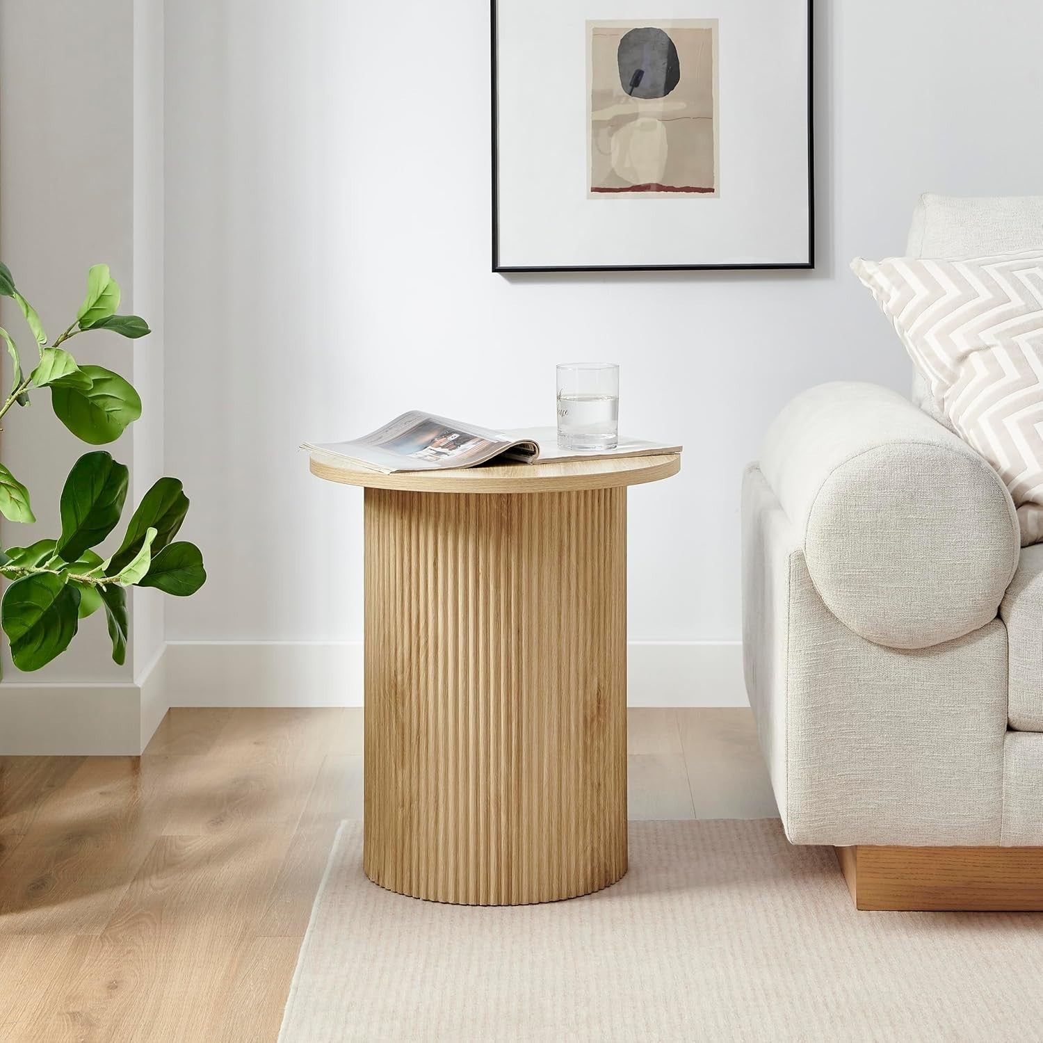 Modern Oak Round Side Table 60cm Pedestal End Table Scandinavian Minimalist