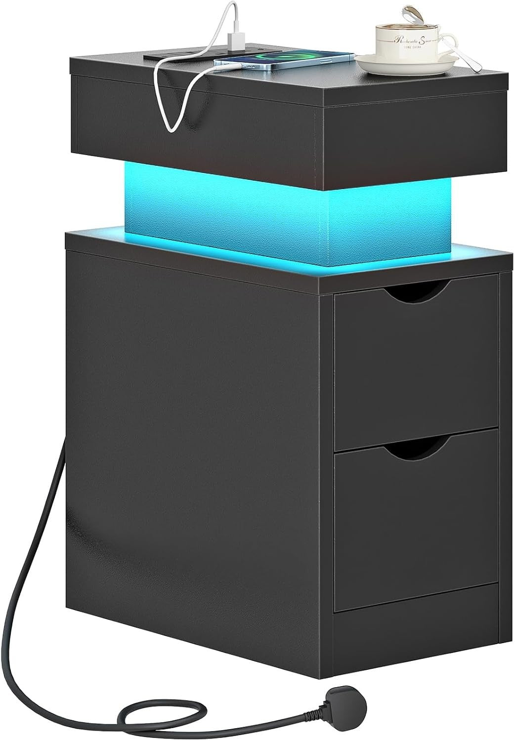 Modern Black LED Bedside Table with Charging Station & 2 Drawers