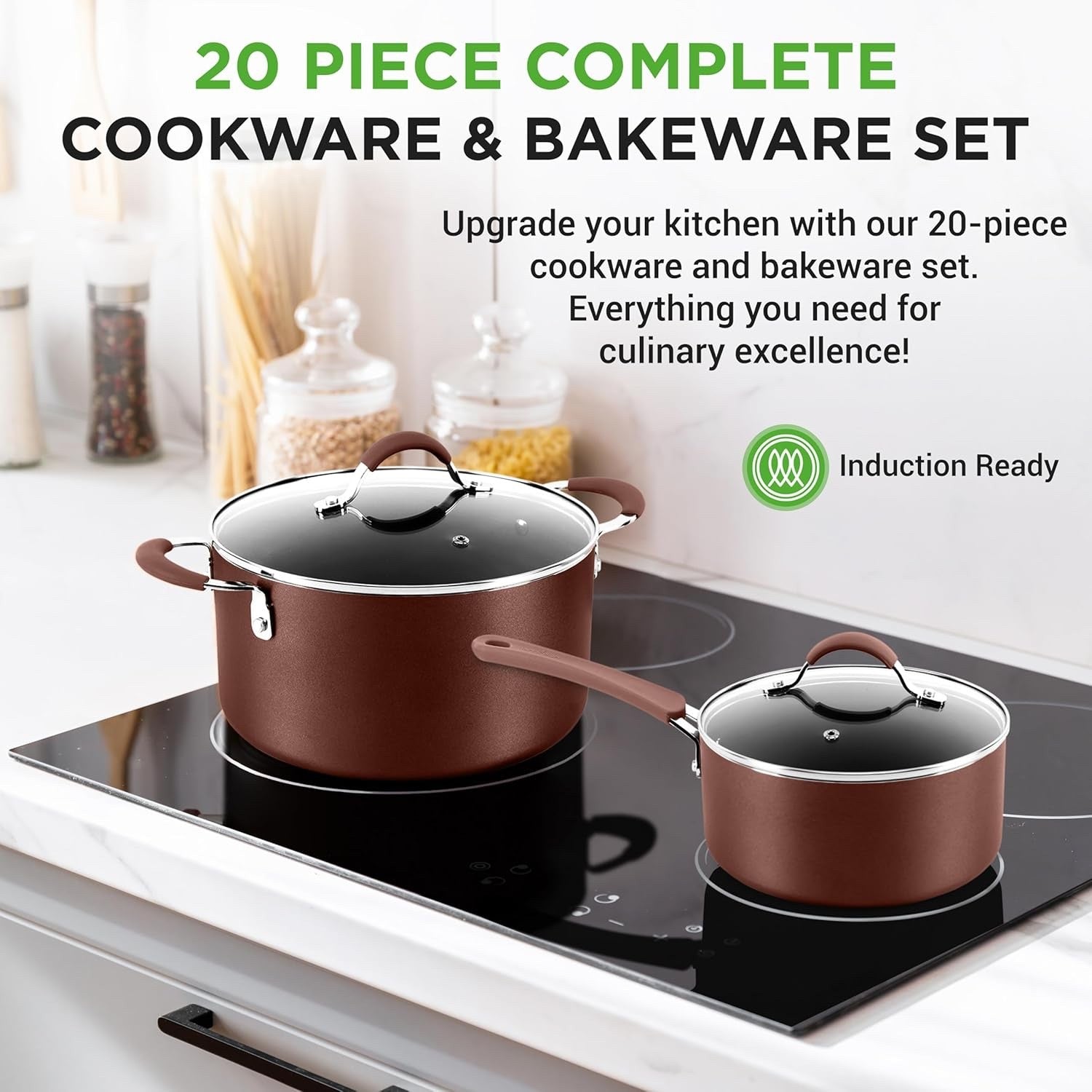 20pcs Brown Non Stick Cookware & Bakeware Set Induction Safe Pots Pans with Lids