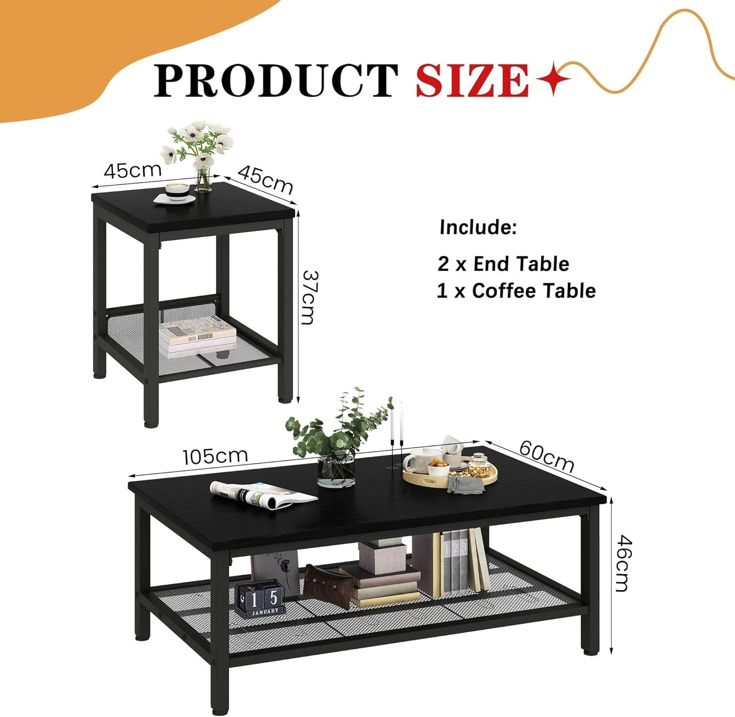 3-Piece Black Industrial Coffee Table Set – Metal Frame, Wood Top, Storage
