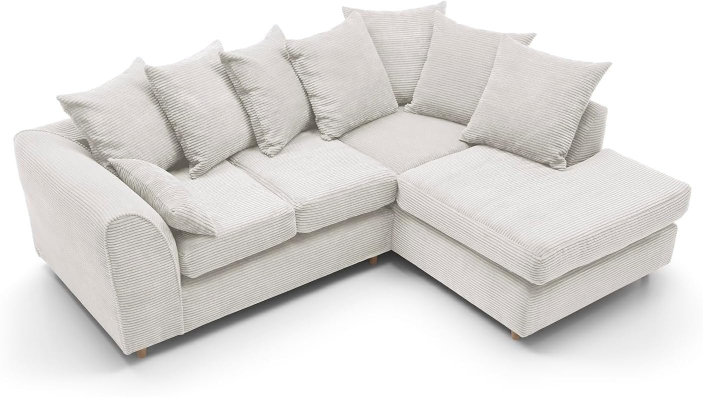 White Jumbo Cord Right Hand L Shaped Sofa | Deep Cushions | Durable Wood Frame