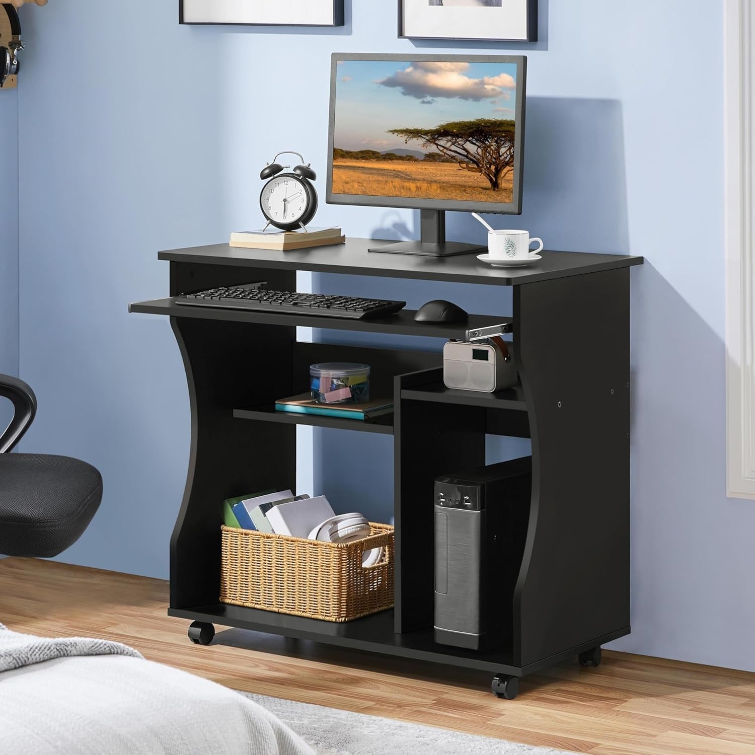 Compact Computer Desk on Wheels with Keyboard Tray Storage Shelves Small Office