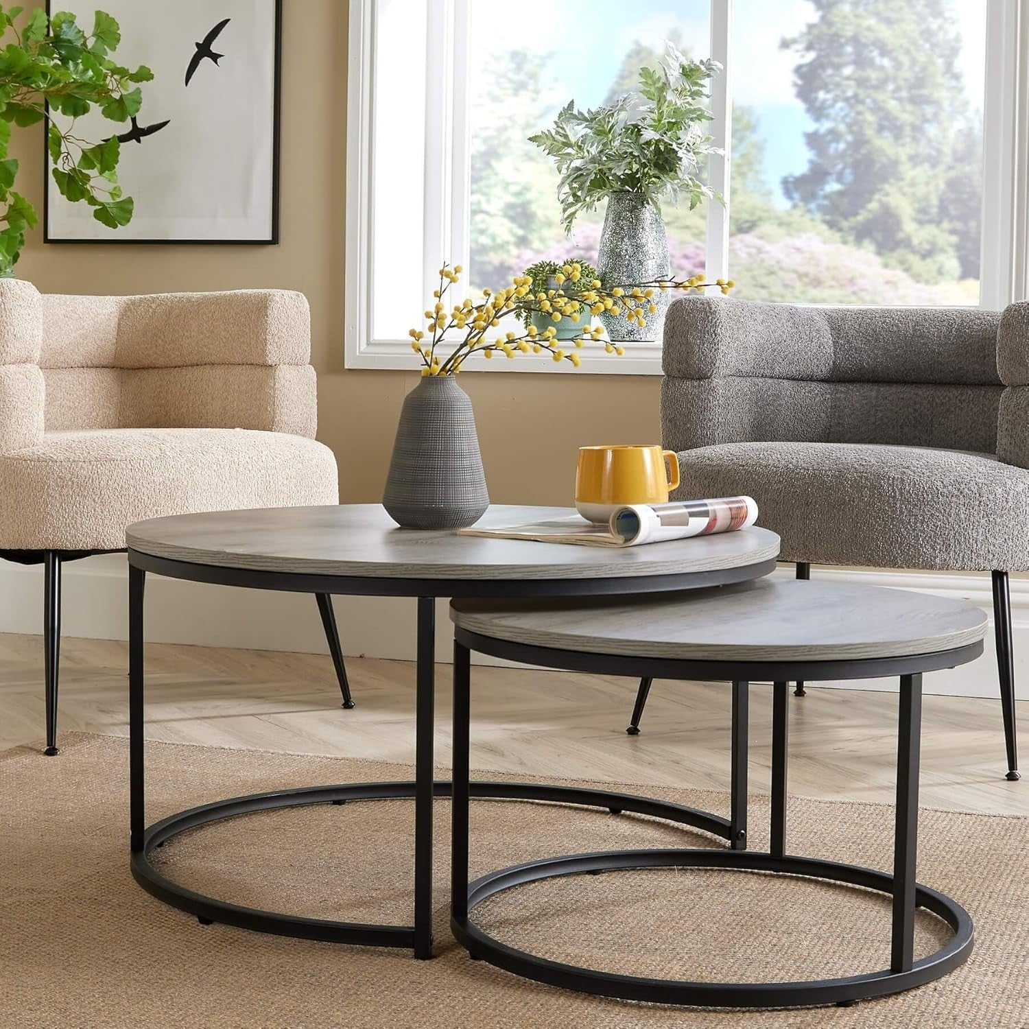 Modern Nesting Coffee Table Set 2 Round Grey Metal Stackable Industrial Style