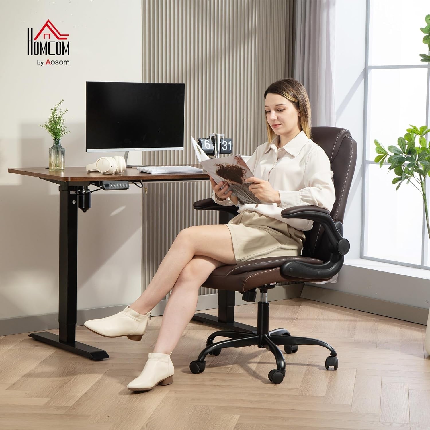 Ergonomic Brown Faux Leather Office Desk Chair Adjustable Swivel Rolling