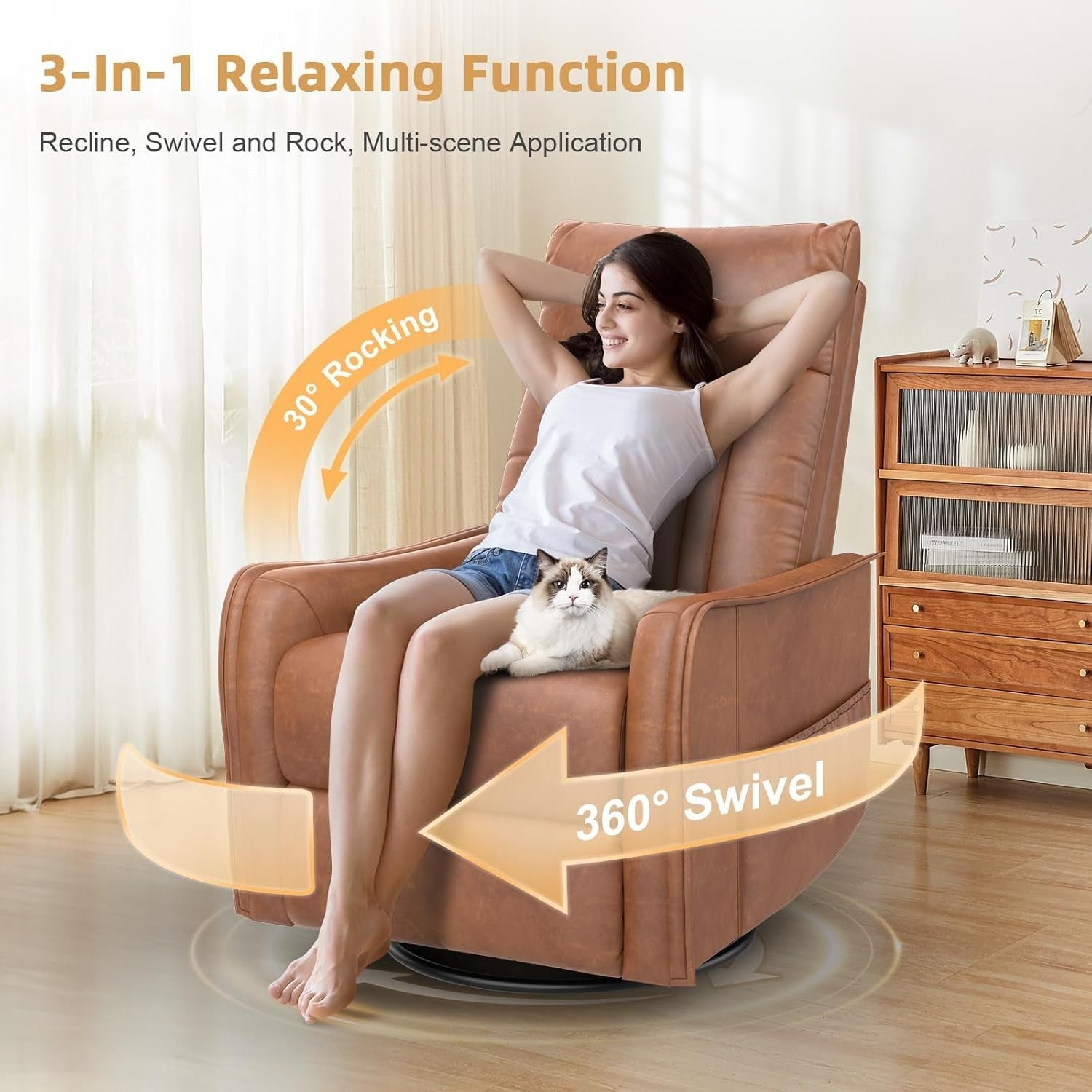 Swivel Rocking Recliner Chair Massage Heat 3-in-1 Footrest Dual Pockets Brown