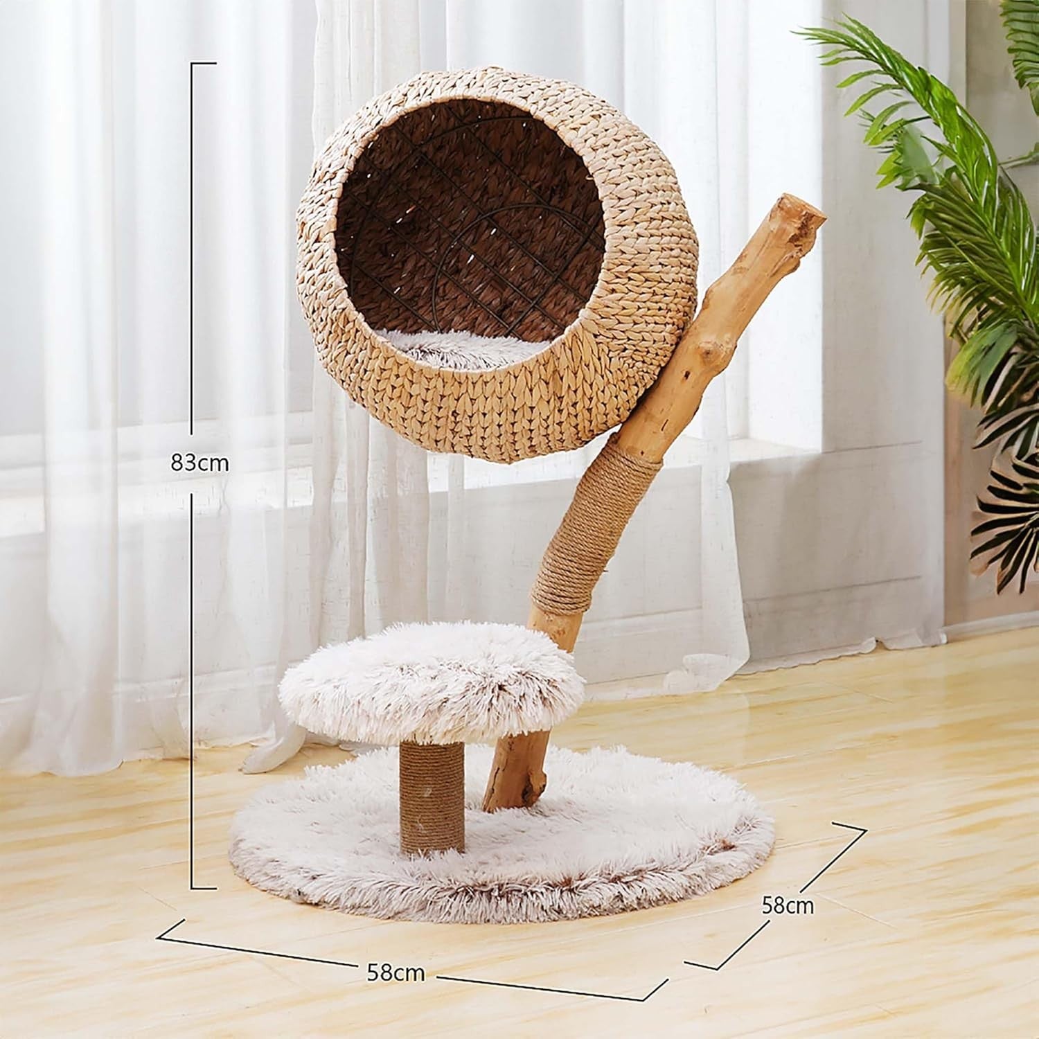 83cm Designer Cat Tree with Basket Bed Natural Wood Scratching Post
