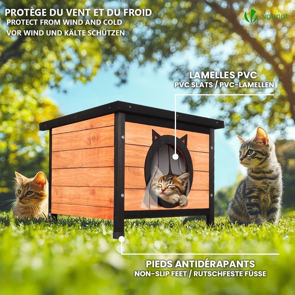 Outdoor Wooden Cat House with Water-Resistant Roof & Cat Ear Door 57x45x43cm