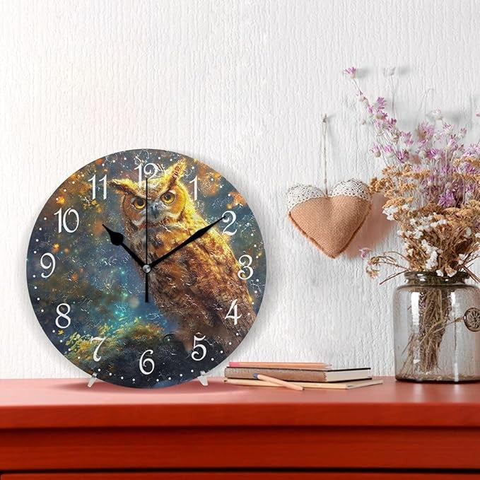 Autumn Owl Wall Clock 25cm Rustic Art Silent Non-Ticking Decorative Home Decor
