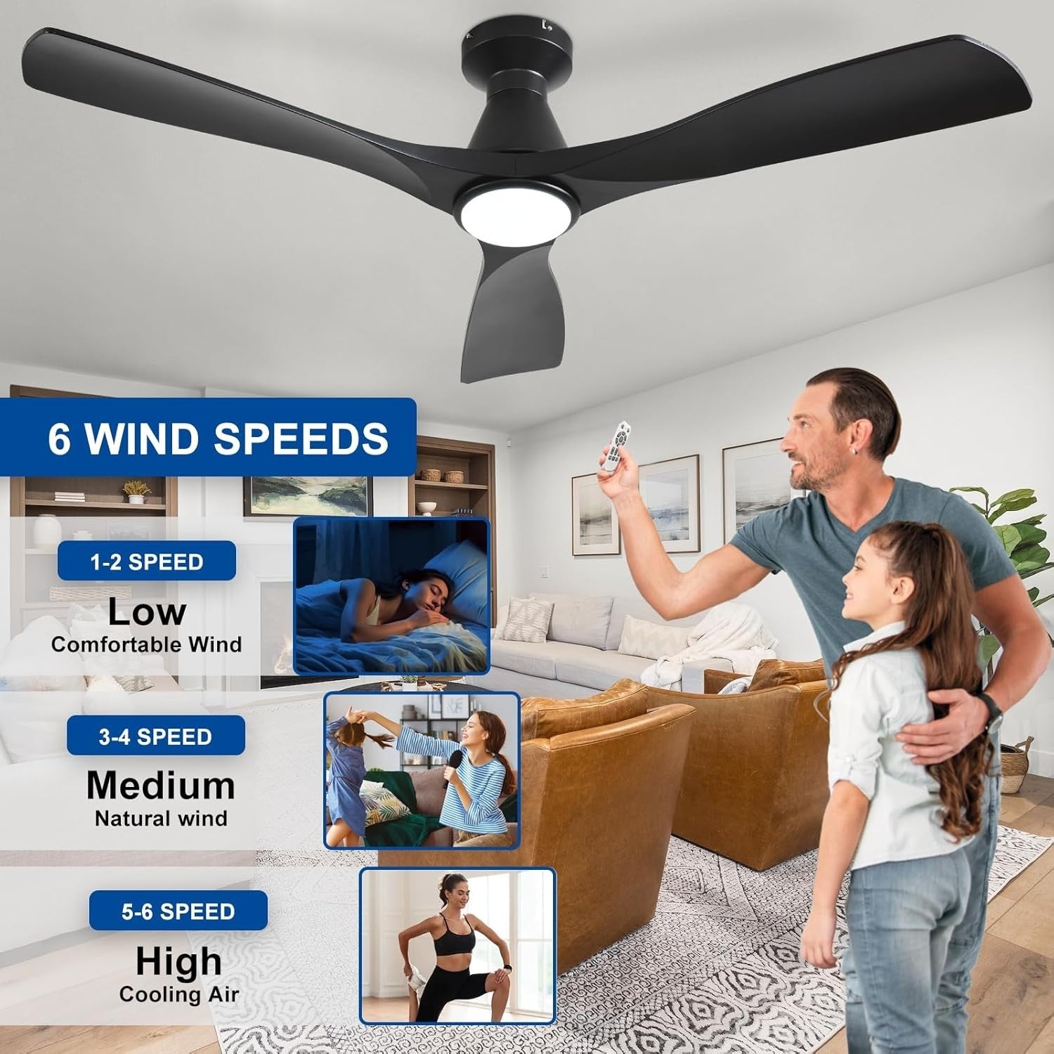 52" Ceiling Fan Light, 3-Blade LED, Reversible Quiet DC Motor, Black