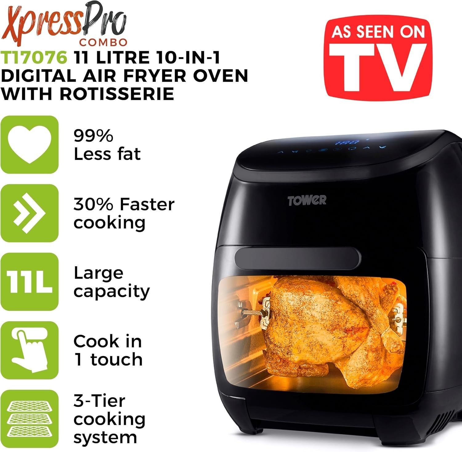 11L Digital Air Fryer Oven 5-in-1 Rapid Cook Rotisserie 2000W Vortx Technology