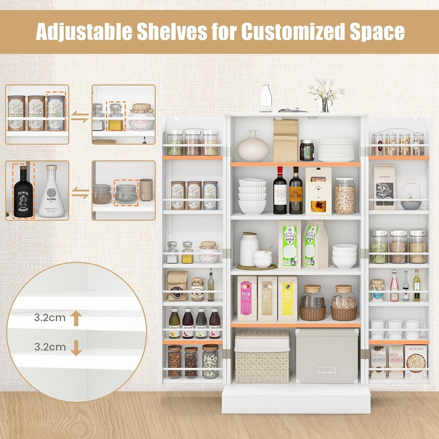 White 60x40x120cm Kitchen Cupboard Pantry Cabinet Lockable Adjustable