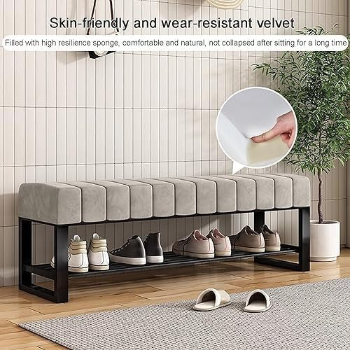 2-Tier Velvet Shoe Bench with Padded Seat for Entryway & Bedroom Storage