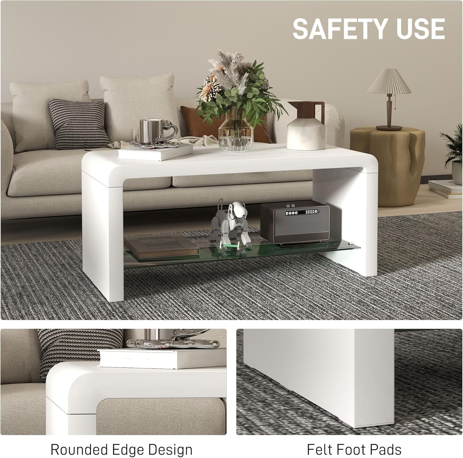 Modern High Gloss White Coffee Table with Storage & Glass Shelf 100x45x45 cm