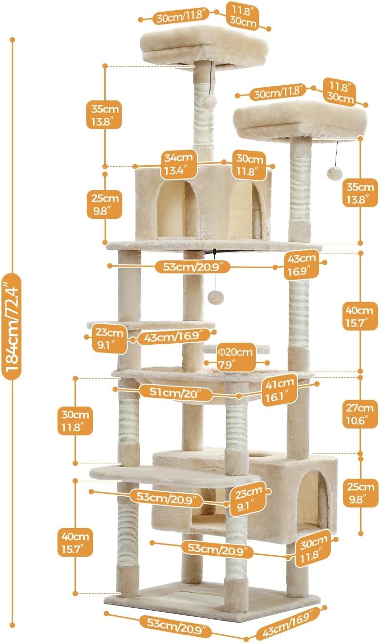 Large Cat Tree 184cm Extra Tall Multi Level Tower With Dual Condos & Perches