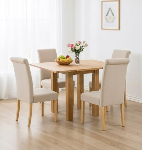 Folding Dining Table and 4 Chairs Set Light Oak Cream for Small Spaces