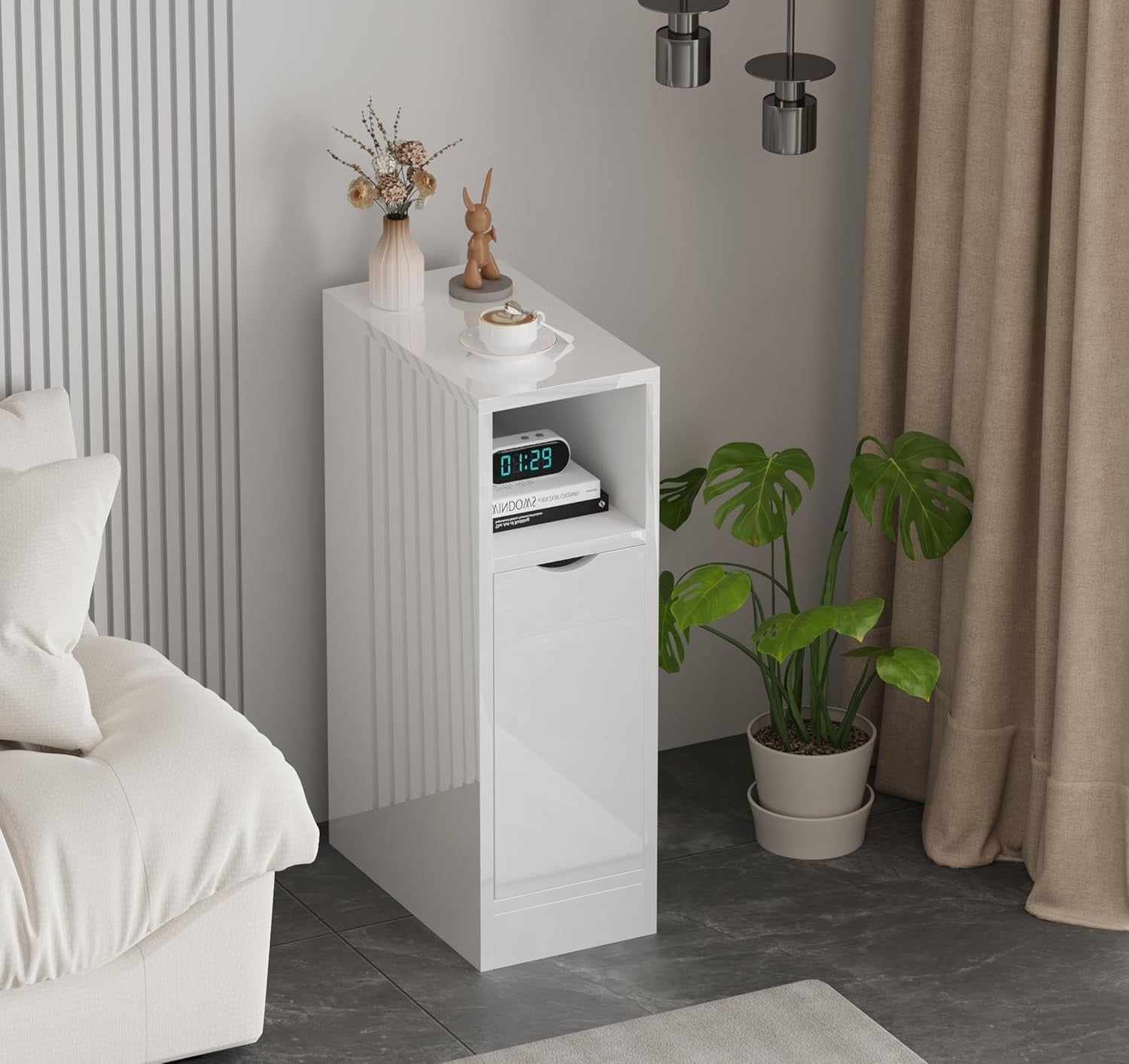 Slim White High Gloss Bedside Table with Drawer & Shelf, Narrow Nightstand