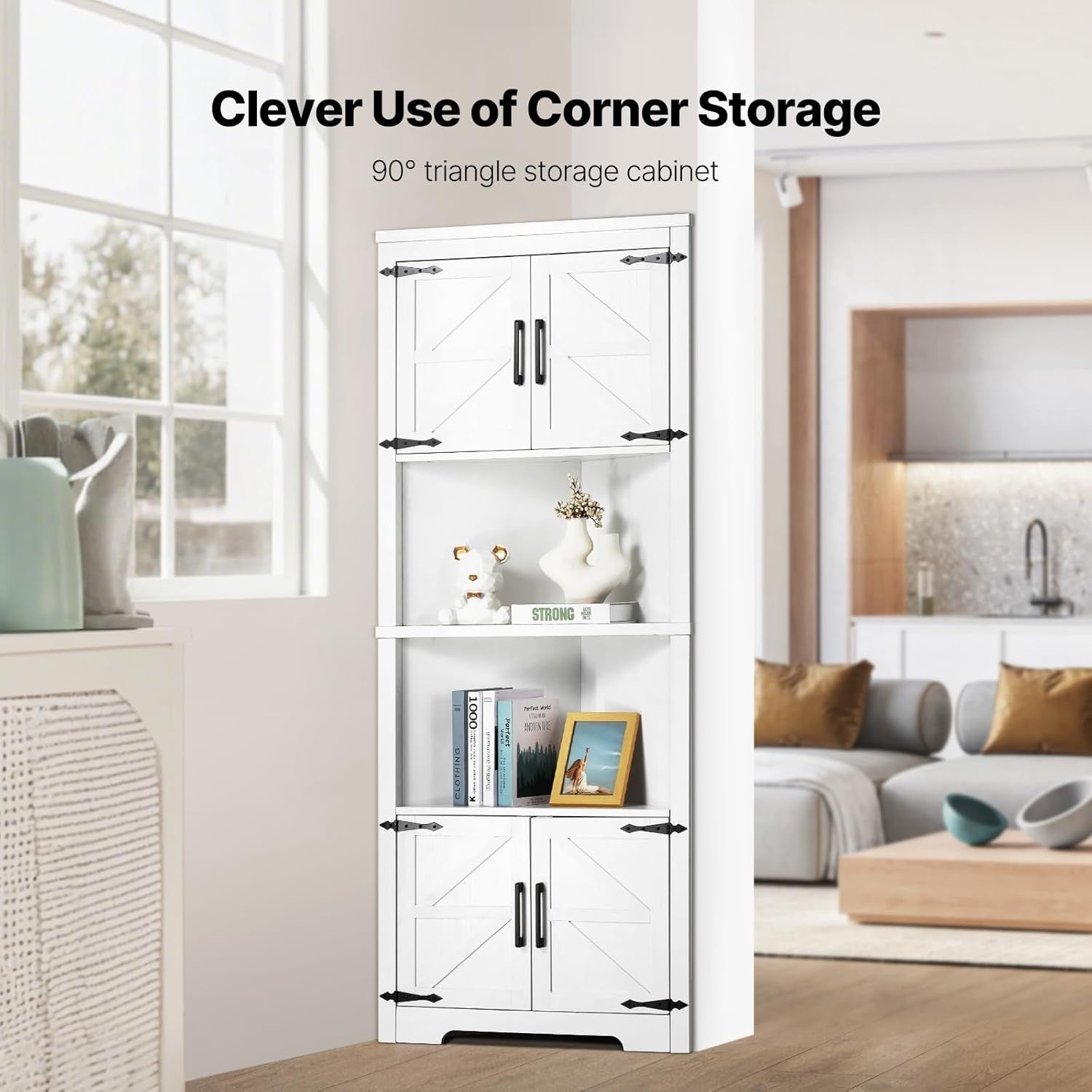 Corner Kitchen Storage Cabinet 68" Tall, 4 Doors, Adjustable Shelves, Space Save