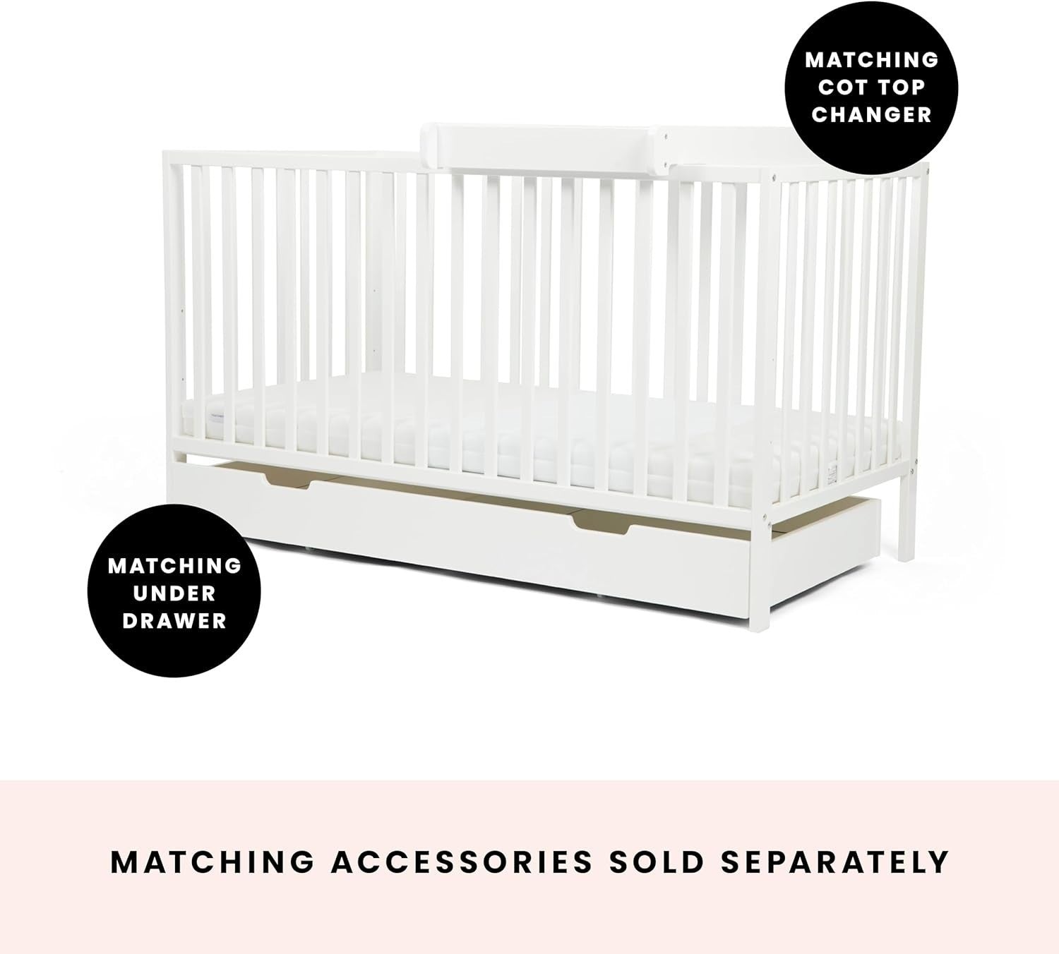 Stylish Wooden Baby Cot Bed Adjustable Height Crib with Fibre Mattress White
