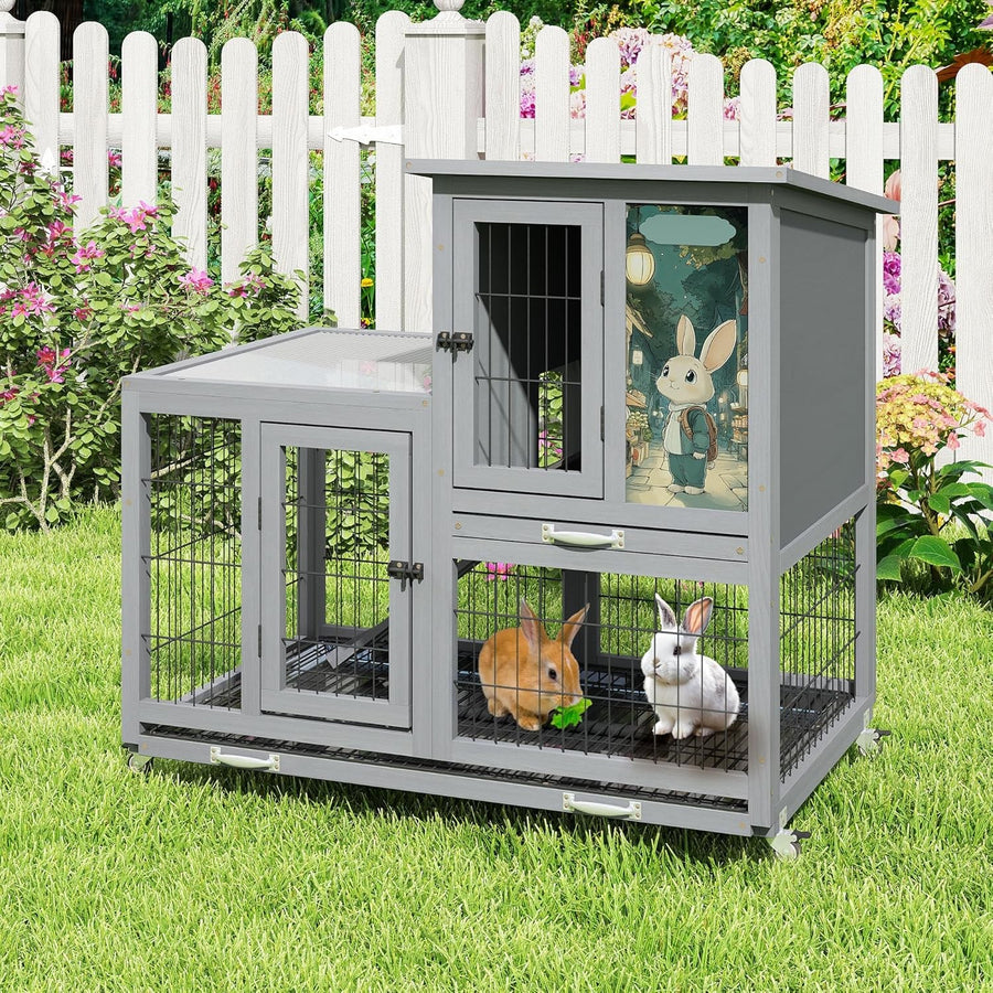 Large 2 Tier Rabbit Hutch with Run Wheels Removable Trays Ramp